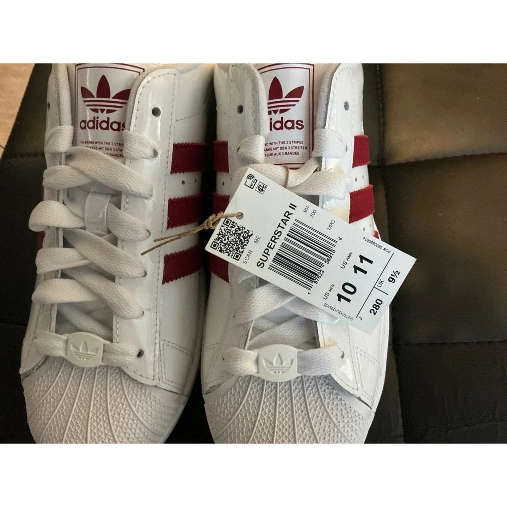 Adidas Superstar II White Red Patent Leather Sneakers JR7315 Mens 10 Womens 11